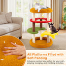 Hamburger-themed cat tree with vibrant colors, soft padding, and multiple platforms for lounging and scratching.