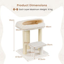 Small cat tree dimensions showing a plush top perch bed and sisal scratching posts, perfect for indoor cats.