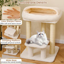 Small cat tree with plush top perch and sisal scratching posts, covered in soft faux sherpa fleece for indoor cats.