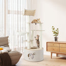 141cm tall wooden cat tree with condo, plush cushions, and multiple levels for indoor cats' play and relaxation.
