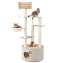 Wooden cat tree with condo, hammock, and plush cushions, featuring multiple levels for indoor cats' play and relaxation.
