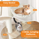 Cozy basket and wide jumping platforms on a 141cm tall wooden cat tree for indoor cats' play and relaxation.
