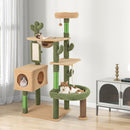 Cactus cat tree with multiple perches, condo, and sisal scratching posts for indoor cats in green plush design.