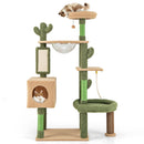 Cactus-shaped cat tree with multiple perches, condo, and sisal scratching posts for indoor cats in green.