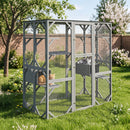 Large outdoor cat house in grey with 7 platforms, 2 condos, and weatherproof asphalt roof for safe outdoor play.