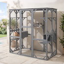 Large outdoor cat house in grey features 7 platforms, 2 condos, and a weatherproof asphalt roof for sturdy, safe play.