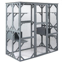 Large outdoor cat house in grey with 7 jumping platforms, 2 condos, and weatherproof asphalt roof for safe play.