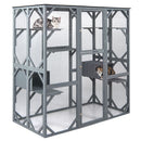 Large outdoor cat house in grey features 7 platforms, 2 condos, and a weatherproof asphalt roof for safe outdoor play.