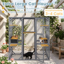 Large outdoor cat house in grey features 7 jumping platforms and 2 condos, perfect for 3-4 cats to play and rest.