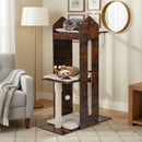 Wooden cat tree in rustic brown with 3 platforms and removable plush cushions, perfect for climbing and napping.