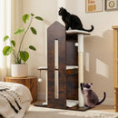 Tall wooden cat tree in rustic brown with 3 platforms, removable plush cushions, and sisal scratching posts for playful.