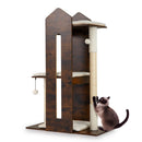 Wooden cat tree with 3 platforms, removable plush cushions, and sisal scratching posts in rustic brown for feline fun.