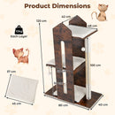 120 cm tall wooden cat tree in rustic brown with 3 platforms and removable plush cushions for comfortable lounging.
