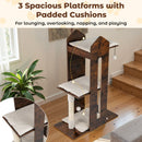 Three spacious platforms of a 120 cm tall wooden cat tree in rustic brown with removable plush cushions for lounging.