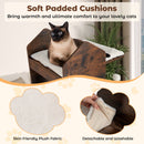 120 cm tall wooden cat tree with removable plush cushions in rustic brown, perfect for lounging and scratching.