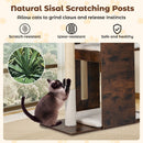 Wooden cat tree with removable plush cushions and sisal scratching posts, perfect for climbing and lounging.
