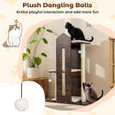 120 cm tall wooden cat tree in rustic brown with plush cushions and dangling balls for playful interaction and.