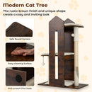 120 cm tall wooden cat tree in rustic brown with 3 platforms, removable plush cushions, and sisal scratching posts.