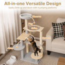 Multi-level cat tree showcasing four jumping platforms and a cozy space capsule for playful feline exploration and.