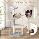 Multi-level modern cat tree with removable plush top perch, sisal scratching posts, and dangling toy for feline.