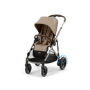 CYBEX e-Gazelle S in Almond Beige with one seat, front three-quarter view. Blue arrows illustrate electric rear-wheel assistance.