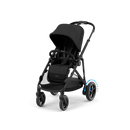 CYBEX e-Gazelle S in Moon Black with one seat, front three-quarter view. Blue arrows illustrate electric rear-wheel assistance.