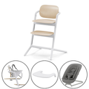 CYBEX Supplier bundle illustration: Sand White chair, AU harness baby set, tray and grey bouncer; adaptor not separately shown