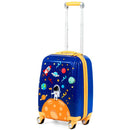 Kids luggage set featuring a blue hard shell suitcase with astronaut design and 4 multidirectional wheels for travel.