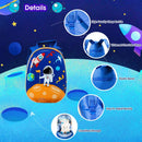 Blue astronaut-themed kids backpack featuring adjustable straps and a high-quality buckle for travel and school use.