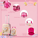 Kids' luggage set featuring a mermaid pattern suitcase and adjustable backpack, made from durable ABS material for safe.