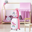 Kids hard shell unicorn luggage and backpack set in pink, perfect for travel and promoting independence.