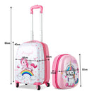 Kids hard shell unicorn luggage and backpack set in pink, featuring 360-degree wheels for easy travel.
