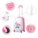 Kids hard shell unicorn luggage set featuring a suitcase and backpack, made of durable ABS and PC materials, perfect.