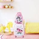 Kids hard shell unicorn luggage and backpack set in pink, perfect for travel and cultivating independence.