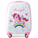 Kids hard shell unicorn luggage set featuring a pink suitcase with a rainbow design, perfect for travel and.