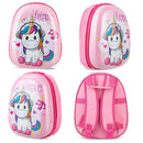 Kids hard shell unicorn luggage backpack set in pink, featuring a durable ABS shell and adjustable straps for travel.