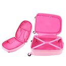 Kids hard shell unicorn luggage set featuring a pink suitcase and backpack, perfect for travel and independent use.