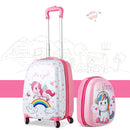 Kids hard shell unicorn luggage and backpack set in pink, featuring vibrant cartoon patterns for fun travel.