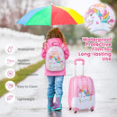 Kid luggage set featuring a pink unicorn design, made of durable ABS material, ideal for travel with a matching.