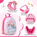 Pink unicorn backpack with adjustable straps, elastic band, and comfortable hand strap for kids' travel essentials.