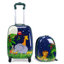 Kids carry-on luggage set featuring a suitcase and cartoon lion backpack, made of durable ABS and PC materials.