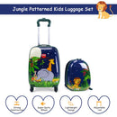 Kids carry-on luggage set featuring a jungle pattern, includes a suitcase and backpack, made of durable ABS and PC.