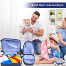 Kids carry-on luggage set featuring a suitcase and cartoon lion backpack, perfect for teaching independence while.