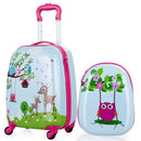 Kids luggage set featuring a 16” suitcase and 12” backpack with colorful owl and deer designs, perfect for travel.