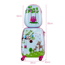 Kids luggage set featuring a colorful owl and deer design, made of durable ABS material, perfect for travel adventures.