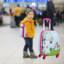 Colorful 2 pieces kids luggage set featuring a 16” suitcase and 12” backpack, perfect for travel and summer camps.