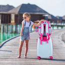 Kids luggage set featuring a pink suitcase and matching backpack, perfect for travel and summer camps.