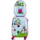 Colorful 2 pieces kids luggage set featuring cute animal designs, made of durable ABS material for family trips.