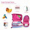 Colorful kids luggage set showing large storage space for clothes, toys, and snacks, perfect for travel and summer.