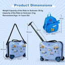 Blue 2 PC kids luggage set featuring a ride-on suitcase and backpack, ideal for travel and storage with fun bee designs.
